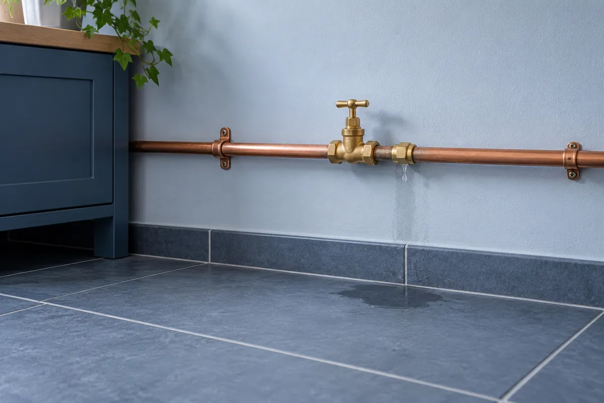 Illustratieve koperen waterleiding en afsluiter bij een natte tegelvloer
